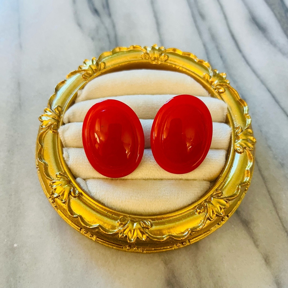 Vintage Jewelry - Vintage Clip On Earrings Red Acrylic Oval Shape Retro Bold Statement